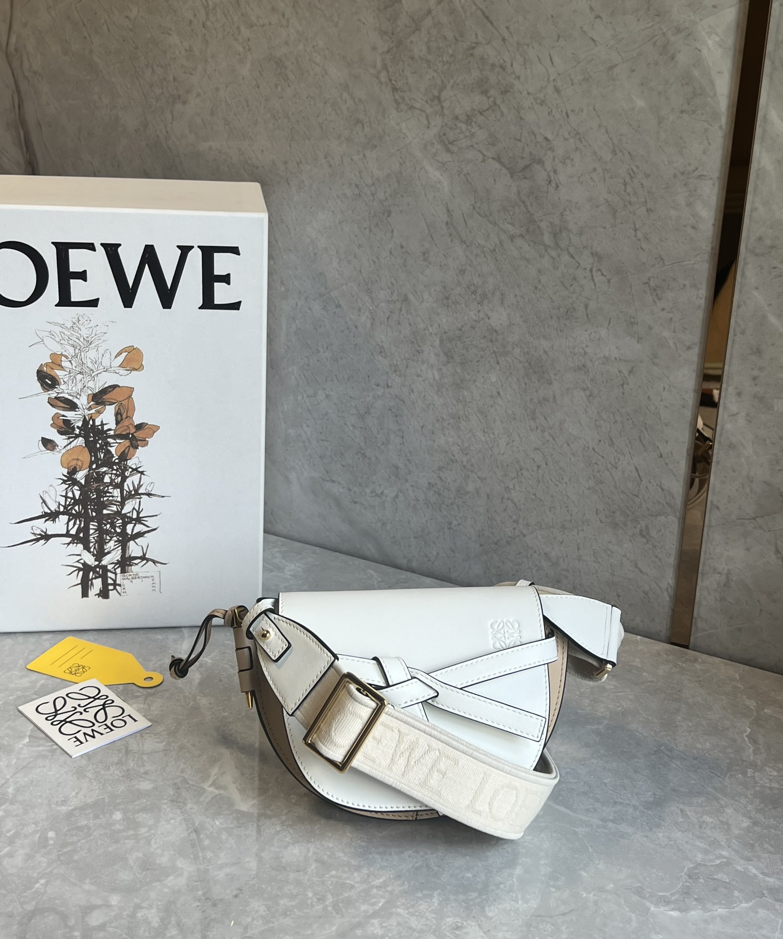 Loewe Mini Gate Dual Bag in Soft Calfskin and Jacquard Soft White/Paper Craft